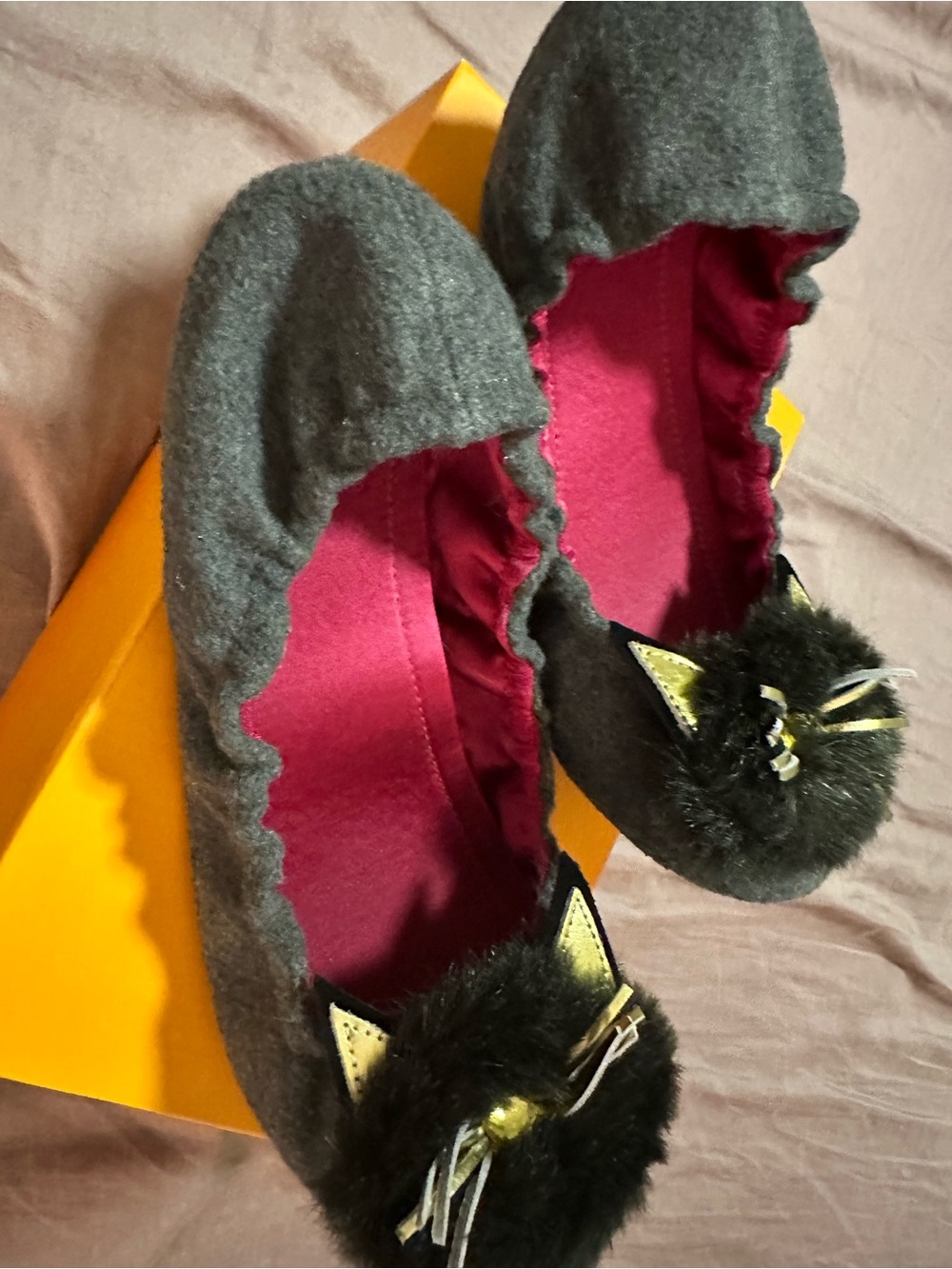Kate Spade Gray Cat Slippers with Pink Lining